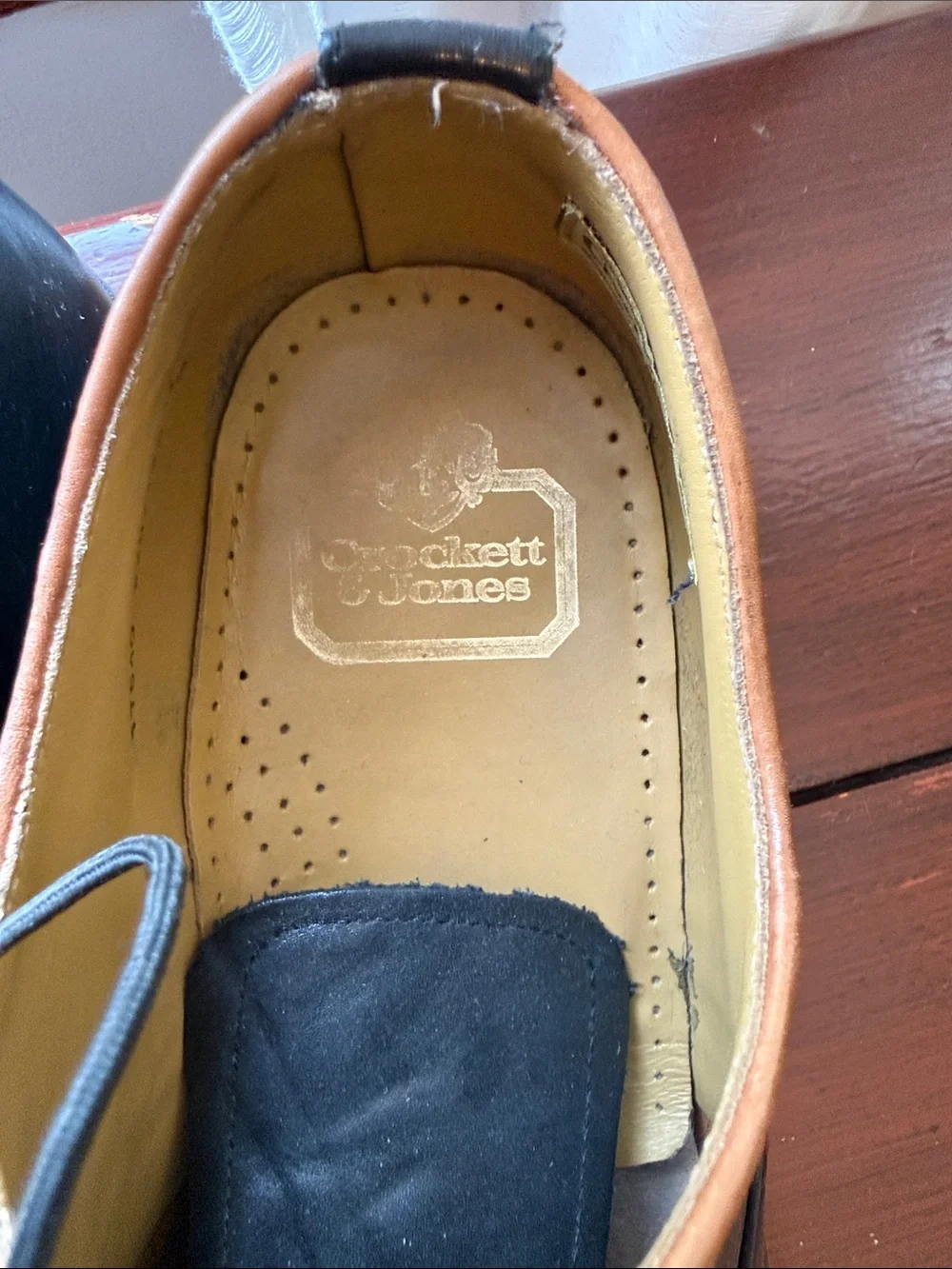 Crockett & Jones oxfords. Men's Black Leather Lace-Up Dress Shoes w/ Brown Trim - Picture 2 of 10